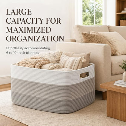 OIAHOMY Large Blanket Basket, 22”x17”x12” Rectangle Woven Baskets, Nursery Blanket Storage Living Room, Toy Storage With Handle, Large Baskets for Organizing-Gradient Grey