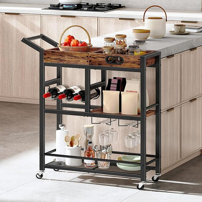 HOOBRO Bar Cart, Bar Cart for The Home, 3-Tier Home Bar Serving Cart with Wine Rack and Glass Holder, Kitchen Cart for Home, Living Room, Party, Bar, Rustic Brown and Black BF62TC01