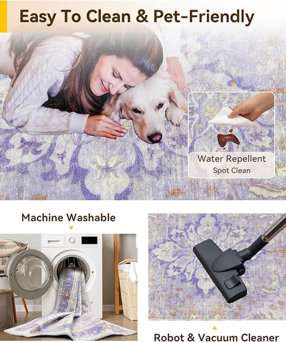 RELEANY Area Rugs 4'x6' Washable Non-Slip, Floral Vintage Distress Medallion Carpet for Living Room Bedroom Dining Room, Light Purple Brown
