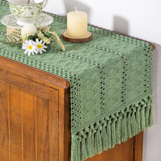 Socomi Sage Green Boho Table Runner Macrame Valentine's Day Farmhouse Woven Cotton Linen Rustic Coffee Table Runner with Tassels for Dresser Scarf Home Decor Dining Room 12x90 inch