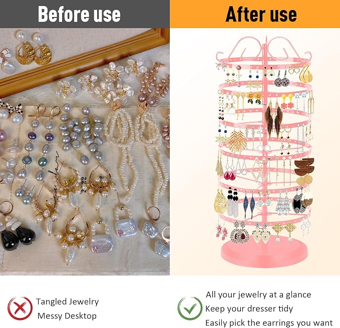 17Dec 6 Tier Rotating Jewelry Organizer Stand, 230 Holes Earring Holder Organizer for Women Girls, Spinning Earring Tree with Ring Holder, Wide Base for Bracelets Watches Lipstick