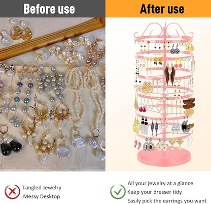 17Dec 6 Tier Rotating Jewelry Organizer Stand, 230 Holes Earring Holder Organizer for Women Girls, Spinning Earring Tree with Ring Holder, Wide Base for Bracelets Watches Lipstick