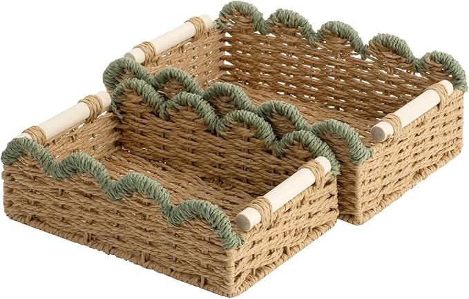 StorageWorks Toilet Paper Storage Basket, Living Room Organizers and Storage, Toilet Paper Basket with Wooden Handles, Small Paper Rope Scalloped Basket, Green
