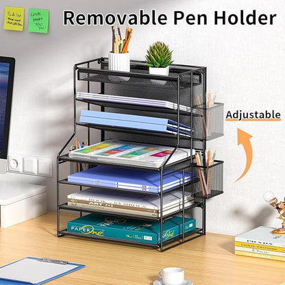 7 Tier Desk File Organizer,Metal Document Holder with Adjustable Shelves, Pull-Out Drawer & Removable Pen Holder for Office Organization,Black