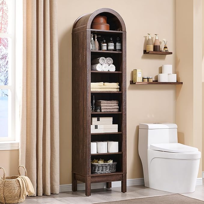 71" Tall Arched Bathroom Storage Cabinet, 8-Tier Modern Farmhouse Storage Cabinet with Adjustable Shelves, Wood Freestanding Cabinet for Bathroom, Living Room, Entryway, Hallway (Brown)