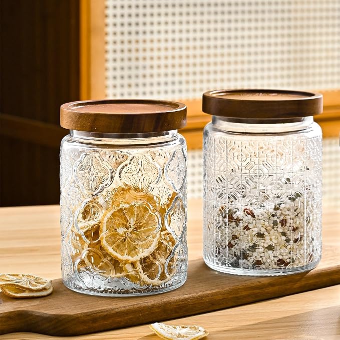 Adodeen 24oz Vintage Glass Canister With Lid Small Glass Jars Wide Mouth Mason Jars Airtight Coffee Canisters Kitchen Storage Containers For Sugar Tea Spice Flour Candy Cookie Cereal Cute Decorative