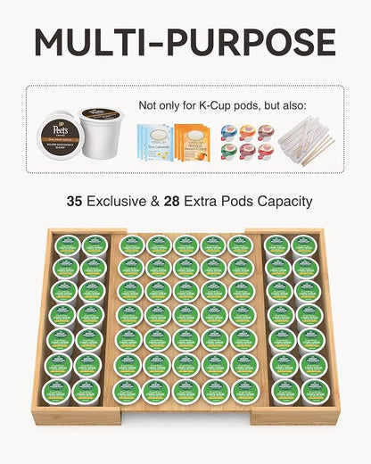 Larger Expandable Bamboo Coffee Pod Holder for Counter Drawer Display, 35 Pod Capacity, K-Cup Pods - Tea Bags Storage Organizer Holder (Bamboo)
