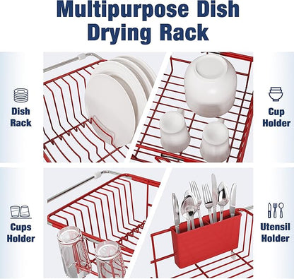 JASIWAY Dish Drying Rack in Sink, Red Dish Dryer Racks Over Sink, Dishes Drainers for Kitchen Sink, Stainless Steel Plates Drying Rack with Utensil Holder & Cups Holder