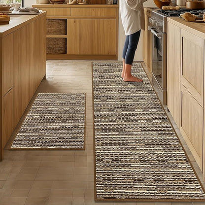 Kitchen Rugs Sets of 2-Non Slip Kitchen Mats for Floor-Thick Stain Resistant Vintage Kitchen Floor Mat Runner Carpet for Hallways Entryway Laundry Room Washable（Brown 24"x70"+24"x35"）