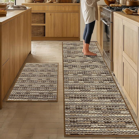 Kitchen Rugs Sets of 2-Non Slip Kitchen Mats for Floor-Thick Stain Resistant Vintage Kitchen Floor Mat Runner Carpet for Hallways Entryway Laundry Room Washable（Brown 24"x70"+24"x35"）