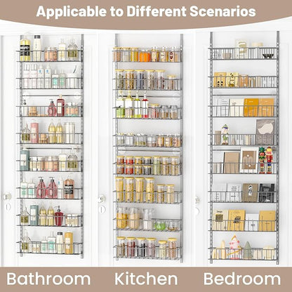 ElegantArray 8-Tier Pantry Door Oragnizer, Over The Door Pantry Organizer Rack and Storage, Hanging Spice Rack Shelves Door, Home Office Laundry Room Bathroom & Kitchen Organization, Light Gray