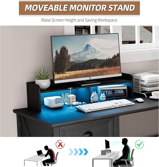 FREDEES L Shaped Desk with Movable Stand and Led Lights, 59 inch Farmhouse Home Office Desk with File Drawer, Corner Computer Desk with Power Outlets, Executive Desk for Working,Gaming, Black