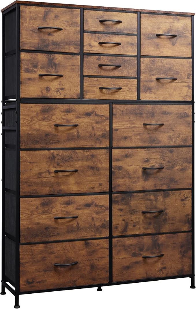 Tall Console Table with 16 Fabric Drawers, Entryway Table with Storage, Large Storage Organizer with Wood Top, Steel Frame for Living Room, Hallway, Office, Rustic Brown