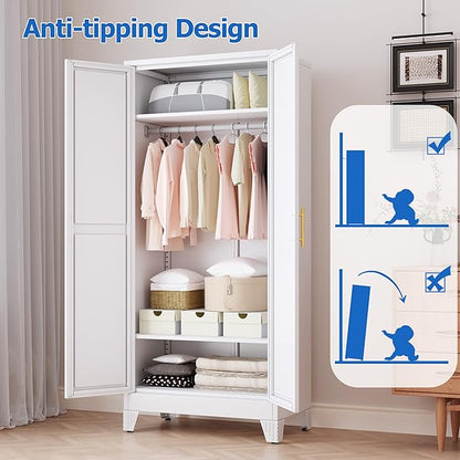 Metal Wardrobe Cabinet with Mirror and Hanging Rod, 71" Metal Clothing Storage Cabinets with 2 Doors and Adjustable Shelves, White Armoire Wardrobe Closet for Bedroom, Laundry Room, Cloak Room