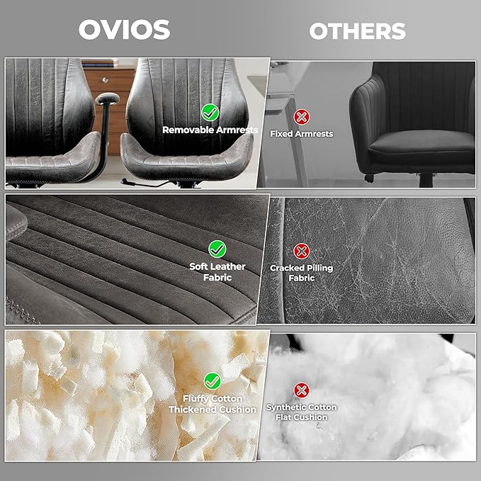 ovios Home Office Chair, Mid-Century Modern Faux Suede Leather Ergonomic Chairs, High Back Comfy Computer Swivel Rolling Task Executive Armchair, Grey