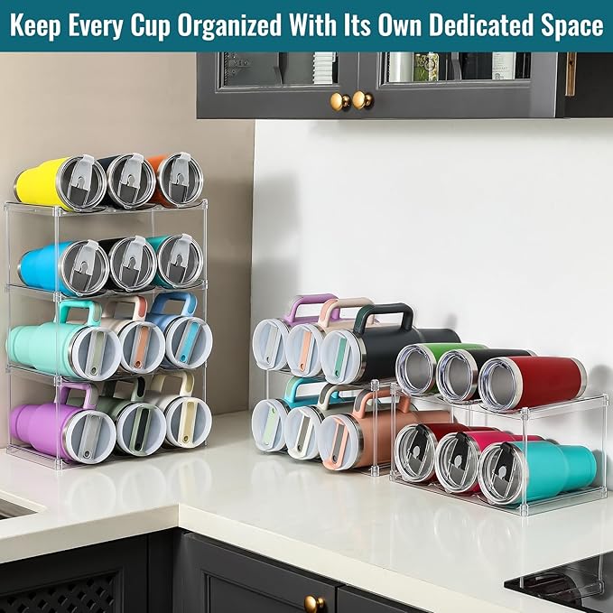Design for Stanley 40 OZ & Large Bottles & Tumblers with Handle, Acrylic Water Bottle Organizer - Stackable Clear Wine Rack, Cup Holder for Home Kitchen Pantry Shelf Countertop Cabinet, 4 Tier Hold 12