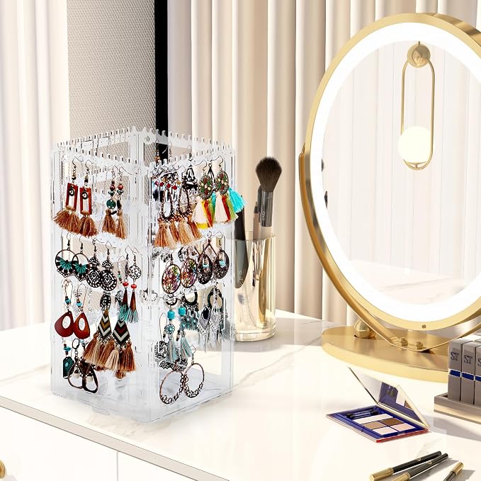 17Dec 360 Rotating Earring Holder Organizer Stand,5 Tiers Acrylic Jewelry Organizers and Storage,Stud Earring Organizers and Storage,212 Holes and 212 Grooves for Earrings Necklaces chain bracelet