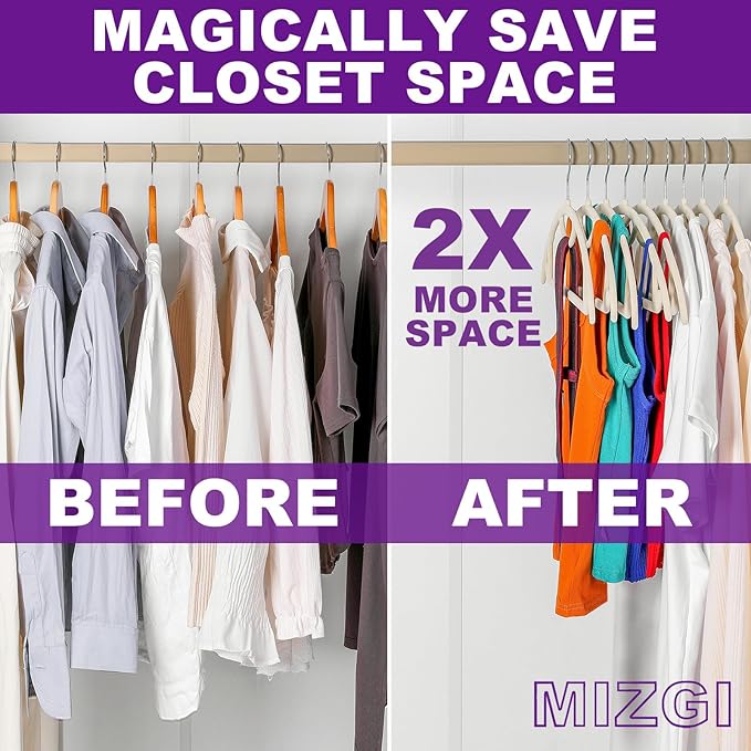 MIZGI Premium Velvet Hangers 50-Pack,No Shoulder Bump Hangers W/Tie Bar Ultra Thin Space Saving Non Slip Hanger Heavy Duty Felt Rounded Clothes Hanger for Sweaters,Coat,Jackets,Pants,Shirts