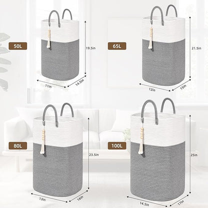 Woven Laundry Basket for Clothes, 100L Large Rectangle Laundry Hampers with Beads Tassel, Nursery Storage Basket for Toys, Tall Dirty Clothes Hamper for Bedroom Aesthetic, Laundry Room Organization