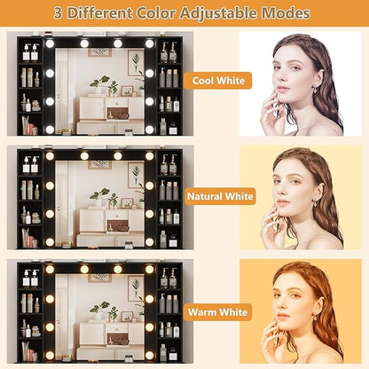 Black Vanity Desk with Mirror and Lights, Glass Top Vanity with Lighted Mirror & RGB Glass Cabinet and 3 Drawers, Makeup Vanity Desk with Lights Dressing Table for Bedroom, 3 Color Modes