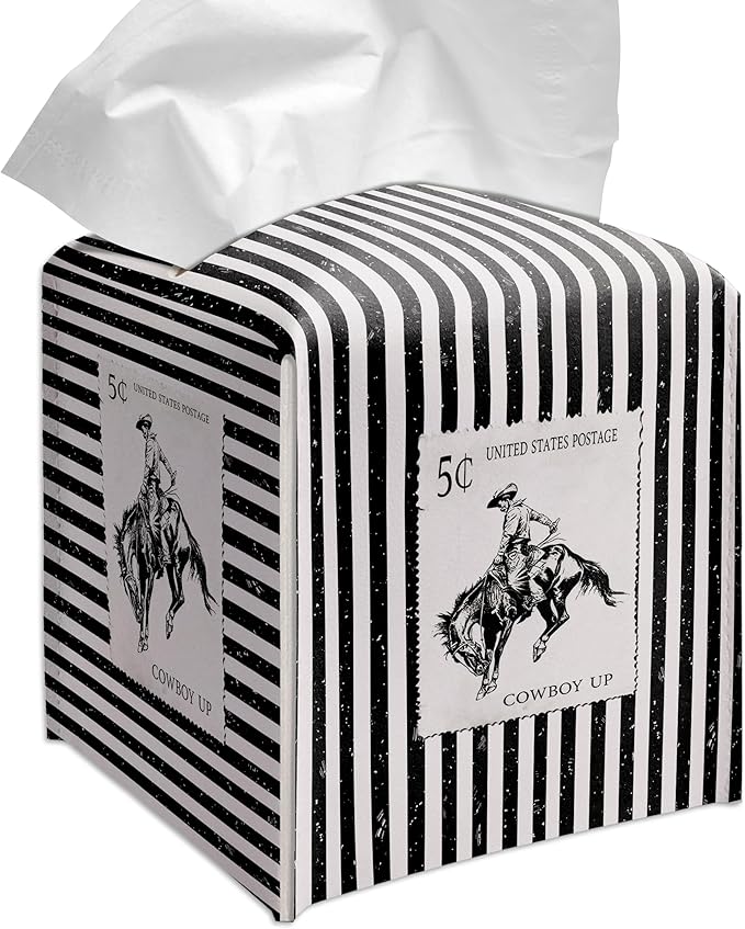 Grace Yonks Retro Tissue Box Cover Square - Cowboy Postage Stamp Design 5.2" PU Leather Holder for Vanity, Desk, or Bathroom Counter - Cube Case for Facial Tissues. (114)