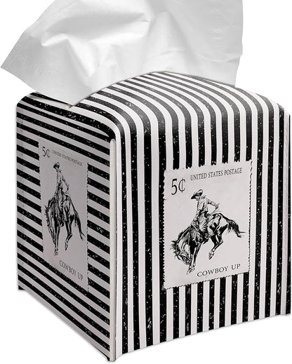 Grace Yonks Retro Tissue Box Cover Square - Cowboy Postage Stamp Design 5.2" PU Leather Holder for Vanity, Desk, or Bathroom Counter - Cube Case for Facial Tissues. (114)