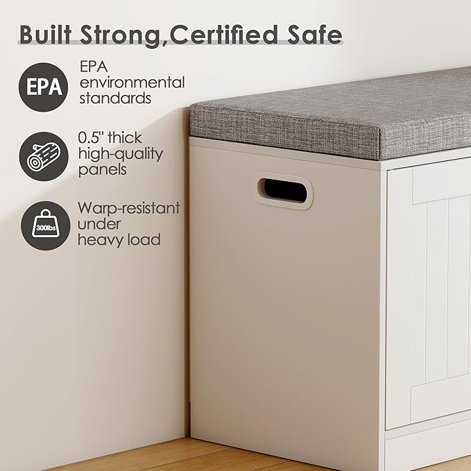 3-Tier Shoe Cabinet Storage with Adjustable Shelf Entryway Shoe Bench with Thickened Padded Seat Cushion Storage Bench with 3 Doors for Entry, Bedroom, Hallway (White Gray,46.3 * 13.8 in)