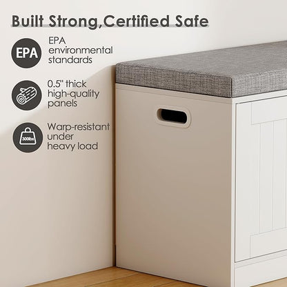 3-Tier Shoe Cabinet Storage with Adjustable Shelf Entryway Shoe Bench with Thickened Padded Seat Cushion Storage Bench with 3 Doors for Entry, Bedroom, Hallway (White Gray,46.3 * 13.8 in)