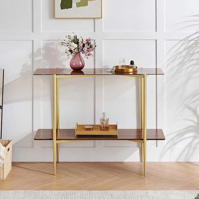 Rectangle Glass Console Table, Mid-Century Modern Design, L41*W14*H32 inch, for Living Room, Amber Glass Top and Walnut Finish Wood Shelf, Conical Metal Legs with Gold Finish