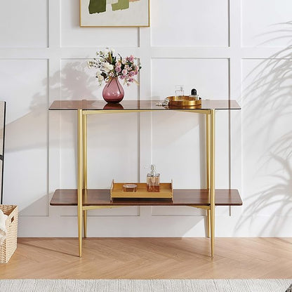 Rectangle Glass Console Table, Mid-Century Modern Design, L41*W14*H32 inch, for Living Room, Amber Glass Top and Walnut Finish Wood Shelf, Conical Metal Legs with Gold Finish