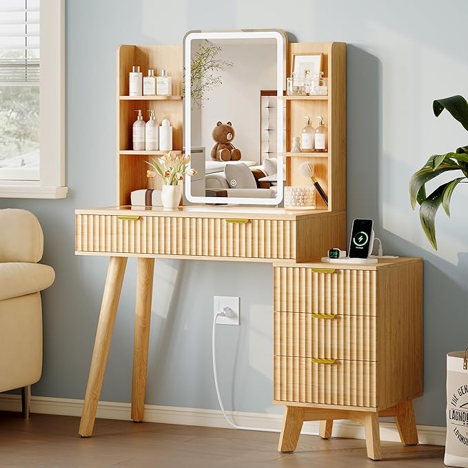 Vanity Desk With HD Lighted Mirror and Lights, Fluted Small Makeup Vanity with Storage Drawers & Shelves, Modern Dressing Table Set with Power Outlet & Glass Table Top for Women Girls Bedroom, Oak