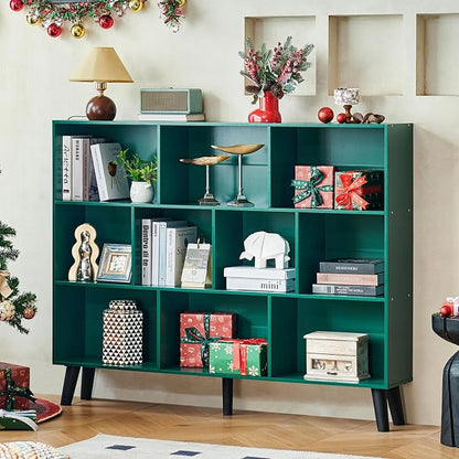 LEYAOYAO 10 Cube Bookshelf, 3 Tier Vintage 55" Wide Bookcase with Legs, Mid-Century Wood Bookshelves Storage, Dark Green Large Book Case, Freestanding Organizer Display Shelf for Living Room, Office