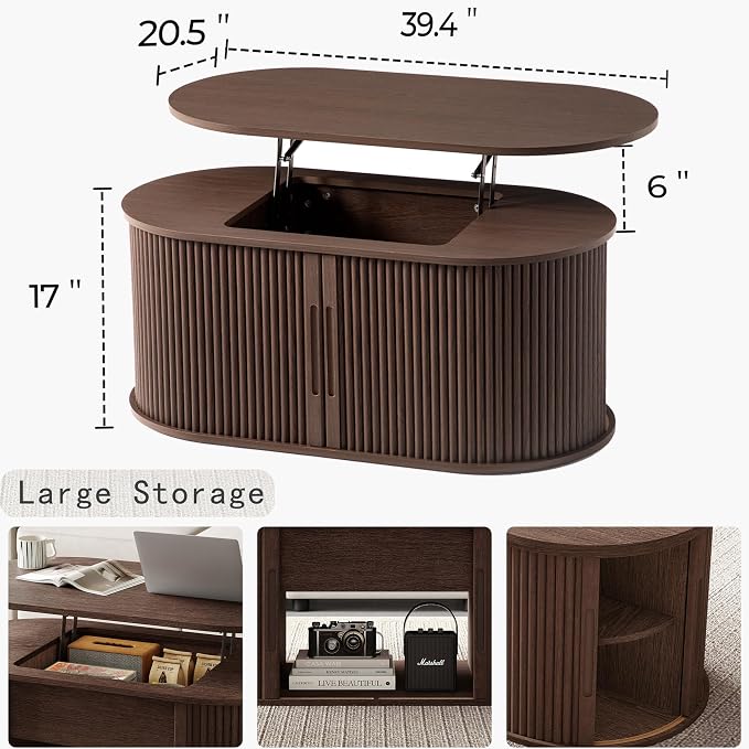 LINSY Lift Top Coffee Table, Oval Fluted Coffee Table with Storage, Mid Century Modern Wooden Coffee Tables with Sliding Tambour Door, 39" Center Table for Living Room, Office, Small Space, Walnut