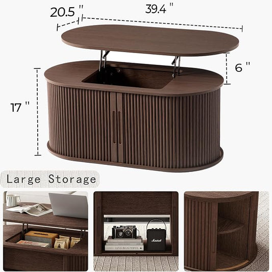LINSY Lift Top Coffee Table, Oval Fluted Coffee Table with Storage, Mid Century Modern Wooden Coffee Tables with Sliding Tambour Door, 39" Center Table for Living Room, Office, Small Space, Walnut