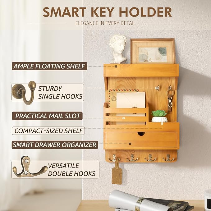 Modern Farmhouse Key Holder Wall Mount with Drawer Organizer – Pine Wooden Mail and Key Organizer with 6 Durable Hooks & Floating Wall Shelf – Ideal for Brightening Up Your Home Decor (Light Brown)
