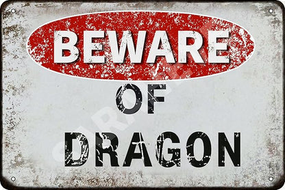 Beware of Dragon Vintage Metal Tin Sign Retro Funny Tin Sign for Wall Decor—8" x 12"— Dragon