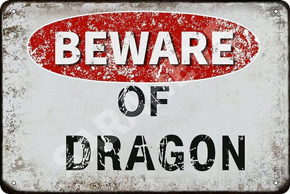 Beware of Dragon Vintage Metal Tin Sign Retro Funny Tin Sign for Wall Decor—8" x 12"— Dragon