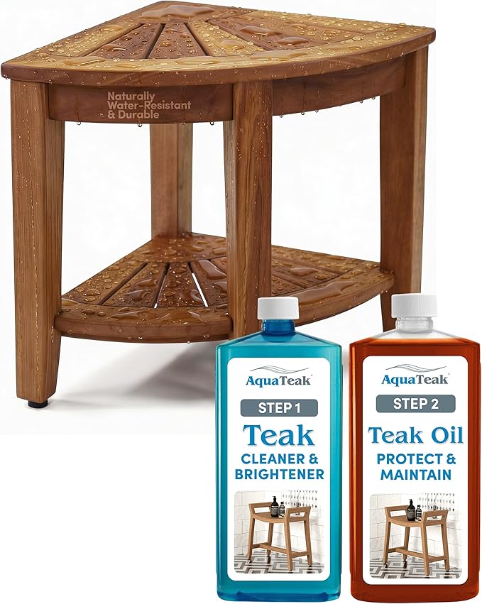 AquaTeak The Original 15.5" Kai Corner Teak Shower Bench - Shower Stool with Storage Shelf for Bathroom - Durable Water Resistant Shower Chair with Teak Oil & Cleaner CareKit - Shaving Foot Rest