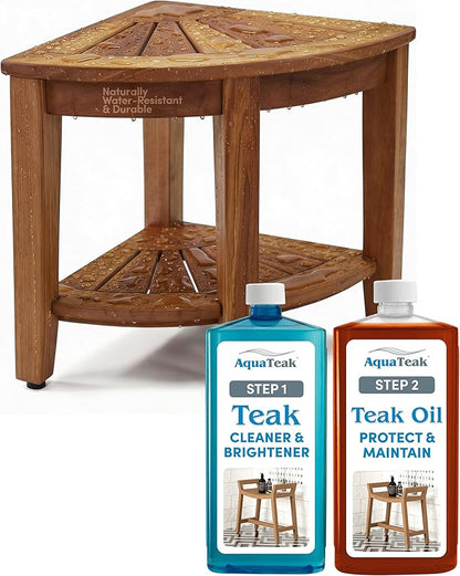 AquaTeak The Original 15.5" Kai Corner Teak Shower Bench - Shower Stool with Storage Shelf for Bathroom - Durable Water Resistant Shower Chair with Teak Oil & Cleaner CareKit - Shaving Foot Rest