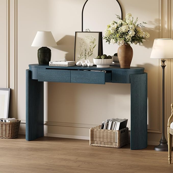 LKTART 55" Sofa Table with Oval Top and 2 Drawers, Entryway Console Table with Fluted Design for Hallway,Foyer,Entry and Living Room (Easy Assembled-Navy)