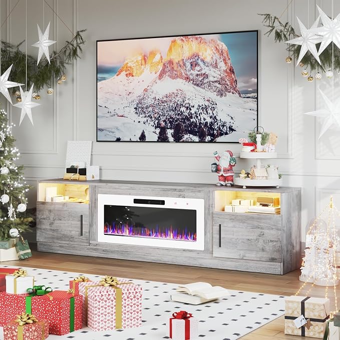 PRETZI Fireplace TV Stand with 36" Fireplace Up to 90" TVs, 80" Entertainment Center with LED Lights, Remote Control, TV Media Console with Storage Cabinets for Living Room, Grey+White