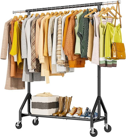 HYSEYY Heavy Duty Clothes Rack Load 450 LBS, Metal Garment Rack, Standing Rolling Clothing Rack for Hanging Clothes with Sturdy Wheels & Shelves, Portable Closet Wardrobe Rack,Black