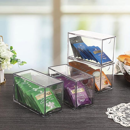 ELLDOO 4 Drawers Tea Bag Organizer, Clear Acrylic Stackable Tea Bag Storage Holder for Kitchen Pantry, Coffee Pod Snack Storage for Countertop Cabinet