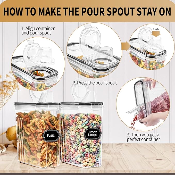 PRAKI Cereal Containers Storage Set (4L,135.2 Oz), 4PCS Airtight Food Storage Containers with Pour Spout for Kitchen & Pantry Organization Cereal Dispensers with 20 labels, Measuring Cup & Marker