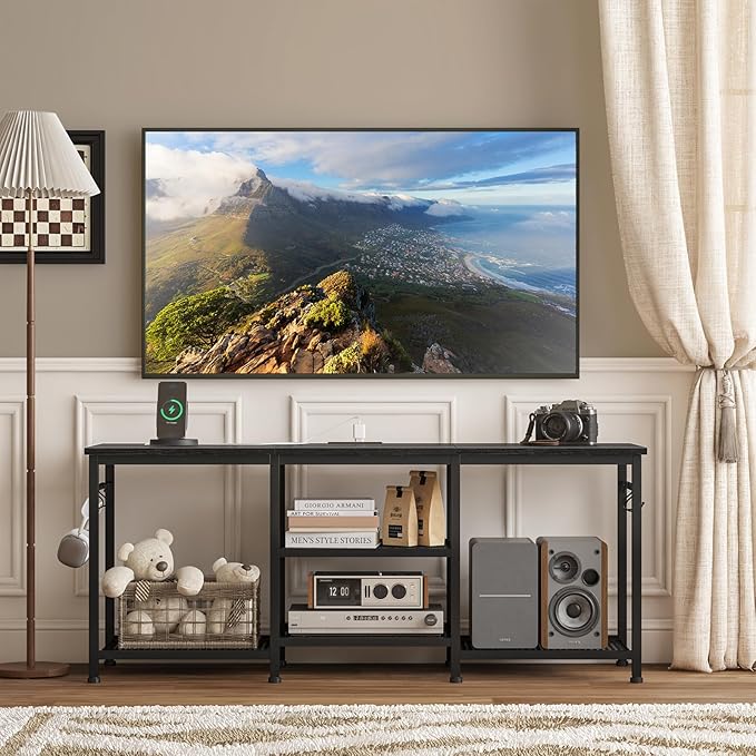 YGEOMER TV Stand for Tvs Up to 50 Inch, Entertainment Center with Power Outlet and Open Storage Shelves, TV Console Table for Living Room Bedroom, Black