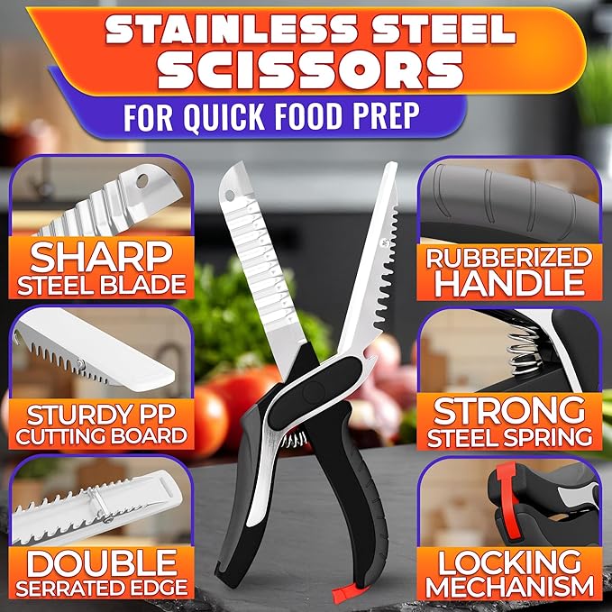 6-in-1 Cutting Board Scissors - Stainless Steel Kitchen Tool with Ribbed Blade, Automatic Spring & Safety Lock - Slice Meat, Fish, Bread, Veggies & Fruit on the Spot - Dishwasher Safe Cheese Scissors