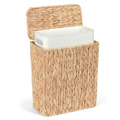 iEGrow Wicker Trash Can, Bathroom Trash Can with Lid, 3 Gallon Natural Water Hyacinth Waste Basket with Removable Liner, for Bedroom, Living Room, Toilet, Under Sink