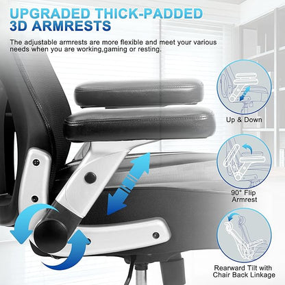 Big and Tall Office Chair 700lbs- Heavy Duty Executive Computer Chair with Rubber Wheels 3D Flip Arms, Ergonomic Mesh High Back Desk Chair, Extra Wide Seat Adjustable Lumbar Support & Headrest