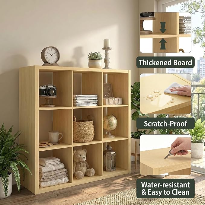 WannabeMyself【2026 Wooden Thick Frame】 9 Cube Storage Organizer with Anti-Tipping Kits, Reversible Open Back Book Shelf,Bookcase for Living Room,Bedroom,Entrance Hall,Office,11.6×36.3×36.3,Oak Color