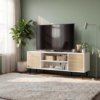 JUMMICO Mid-Century Modern TV Stand for 43-55 Inch TVs, 50 Inch Media Console with Storage, Entertainment Center with Push-Open Cabinets and Cable Management for Living Room (Oak, 50 Inches)